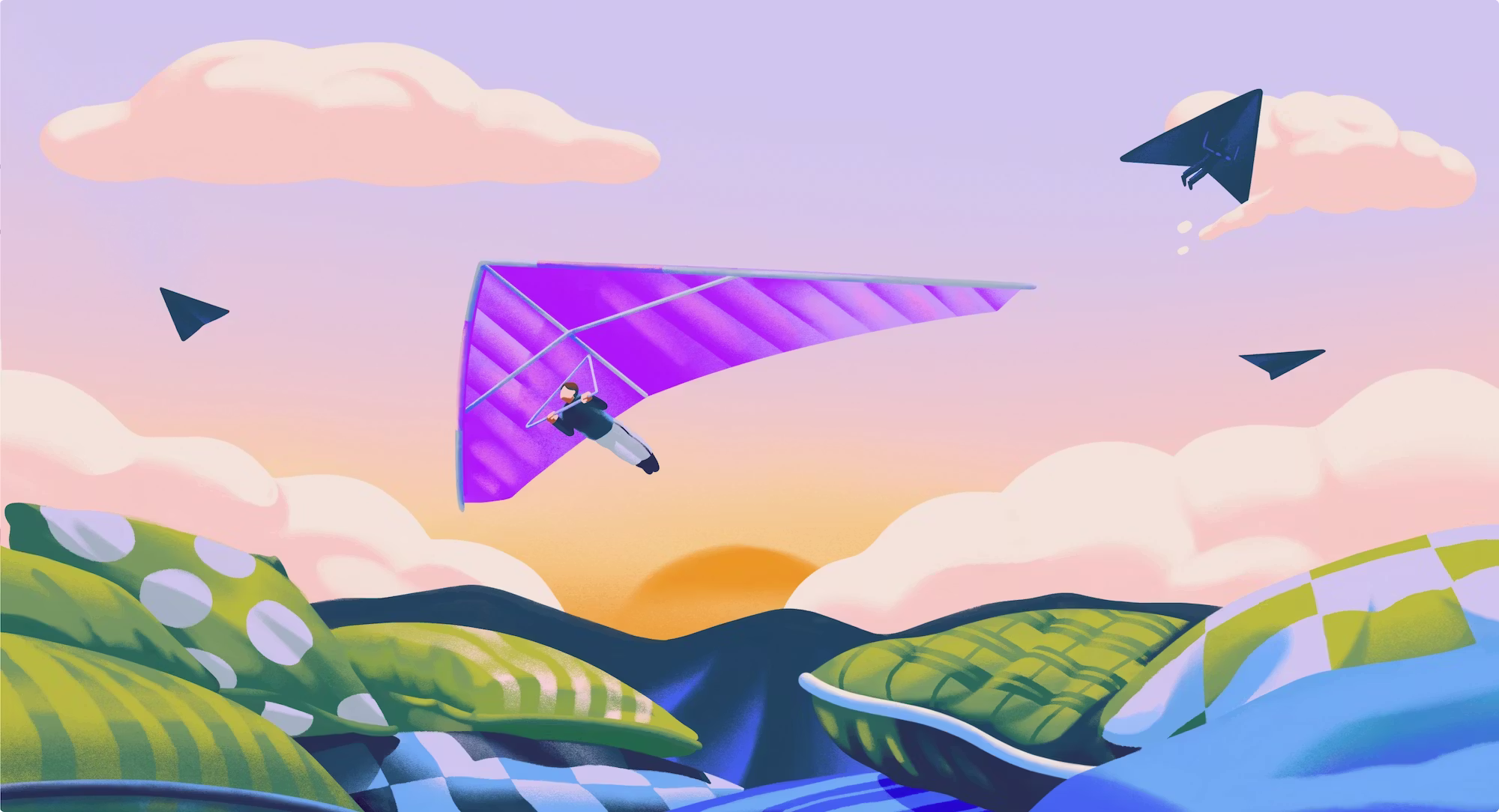 Ilustração de uma pessoa voando em asa delta, com uma paisagem de montanhas ao fundo.