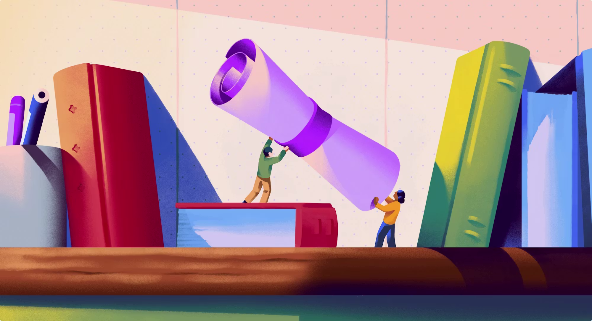 Ilustração de duas pessoas carregando um papel enrolado gigante que pode ser um diploma, uma escritura ou algo semelhante.