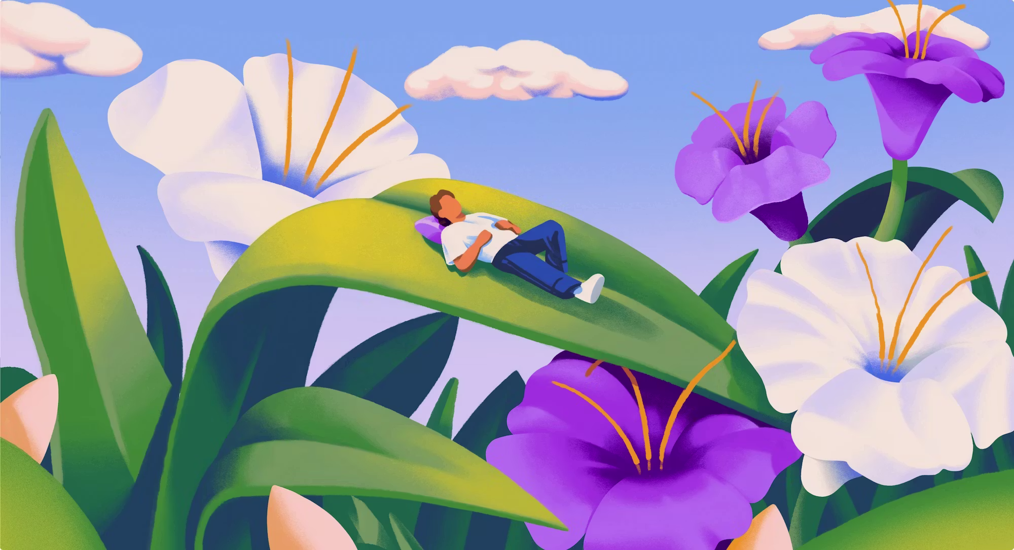 Ilustração em tons de roxo e verde de uma jardim com flores e um homem bem pequeno está deitado em cima de uma folha.